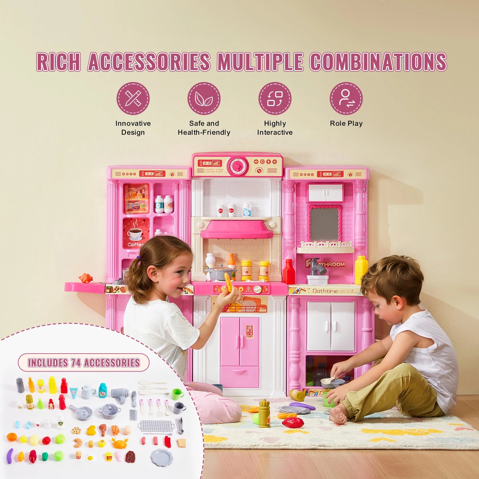 Set Cucina Giocattolo per Bambini 74 PEZZI con Luci e Suoni Gioco Chef 3-in-1