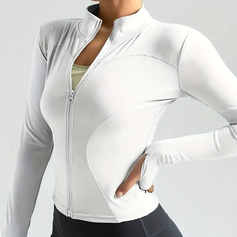 Women's Zip-Up Running Jacket Lightweight Stretchy Running Track Jacket with Thumb Holes, High Neck, Breathable Yoga Sportwear