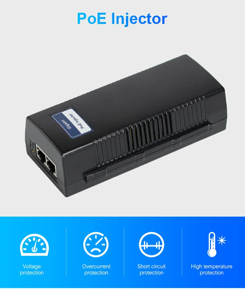 Injector PoE con opciones de energía y enchufe