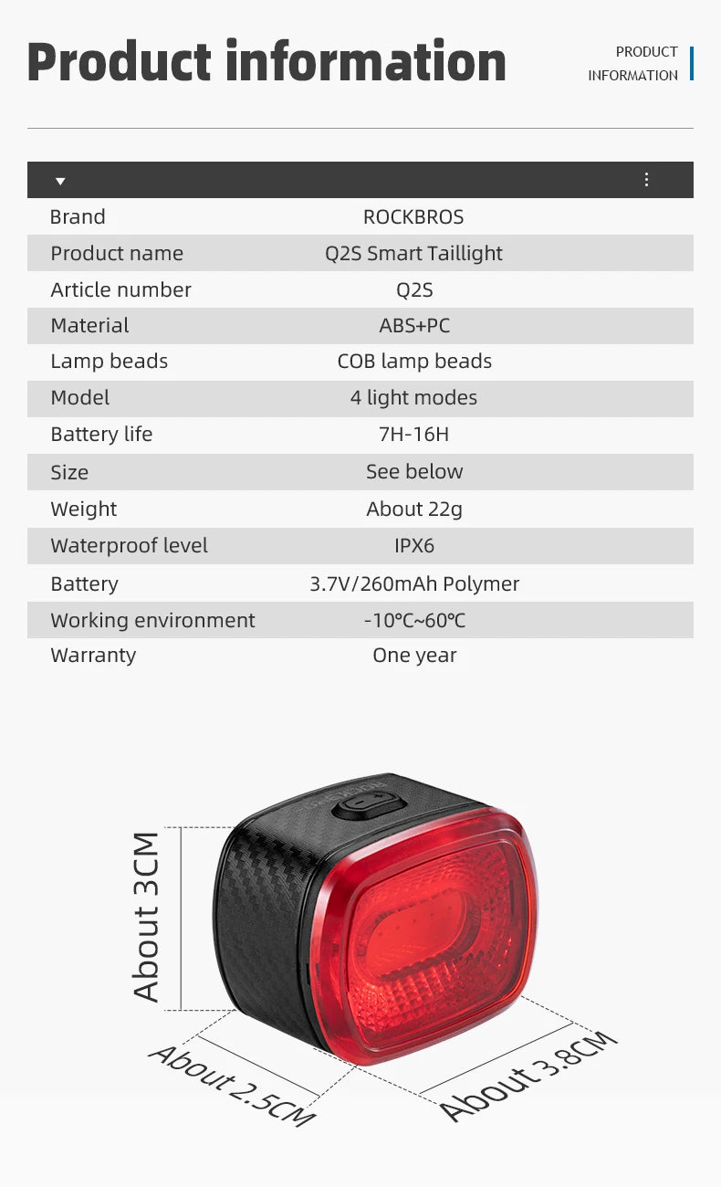 Smart Bicycle Brake Light with Auto Stop & USB-C Rechargeable
