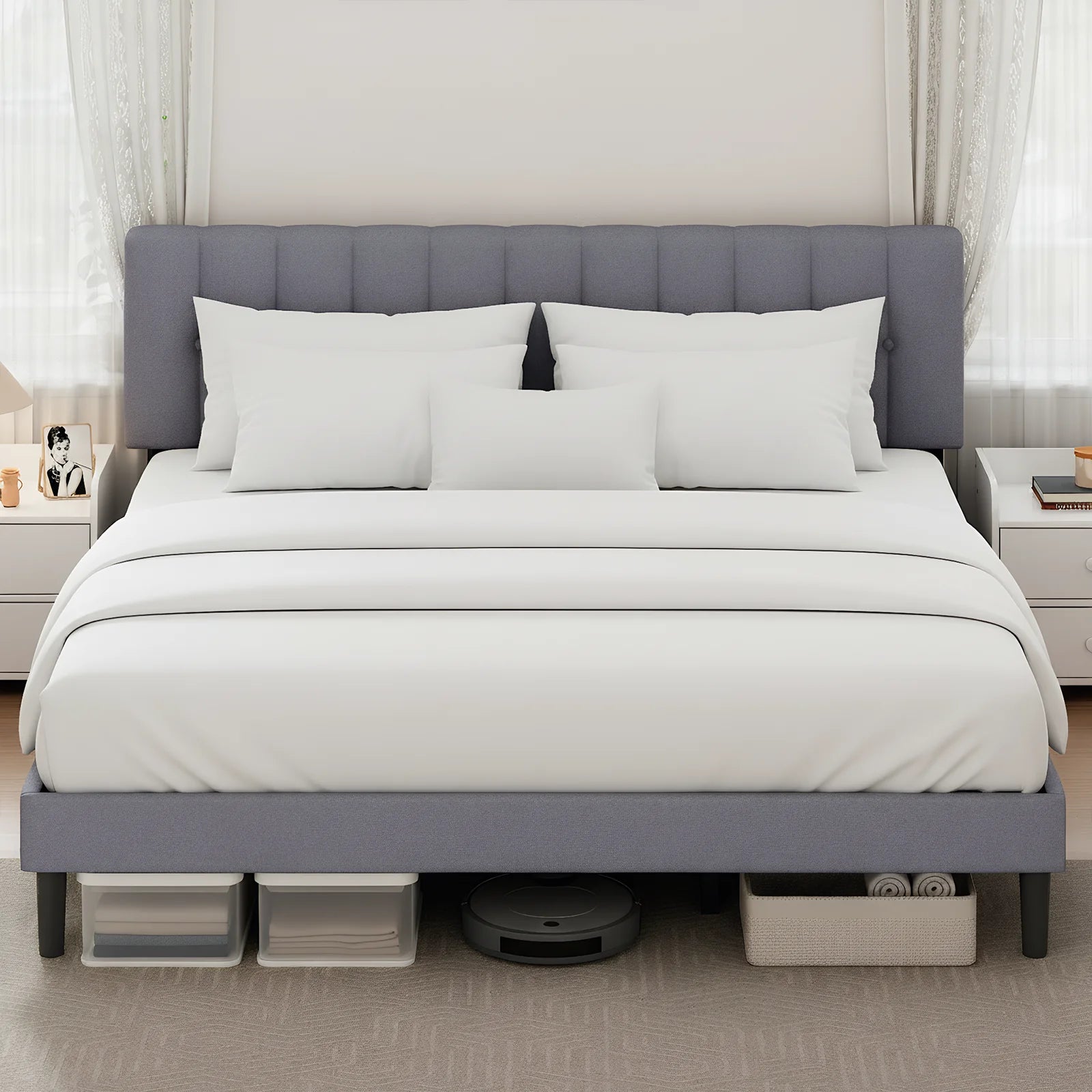 Wooden Upholstered Bed Frame with Adjustable Headboard, No Box Spring