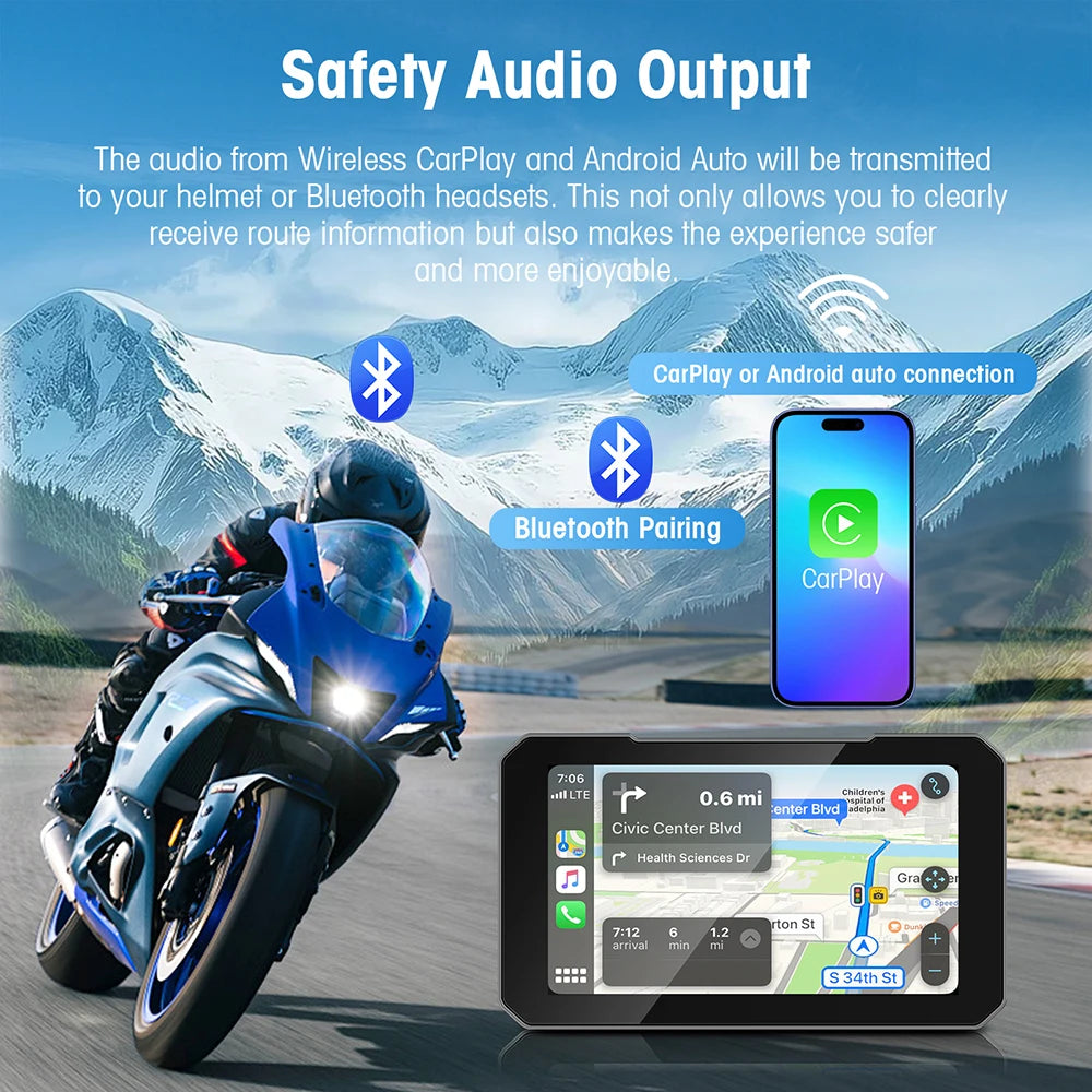 5 Inch Motorcycle Portable GPS Navigation Display with Wireless CarPlay and Android Auto