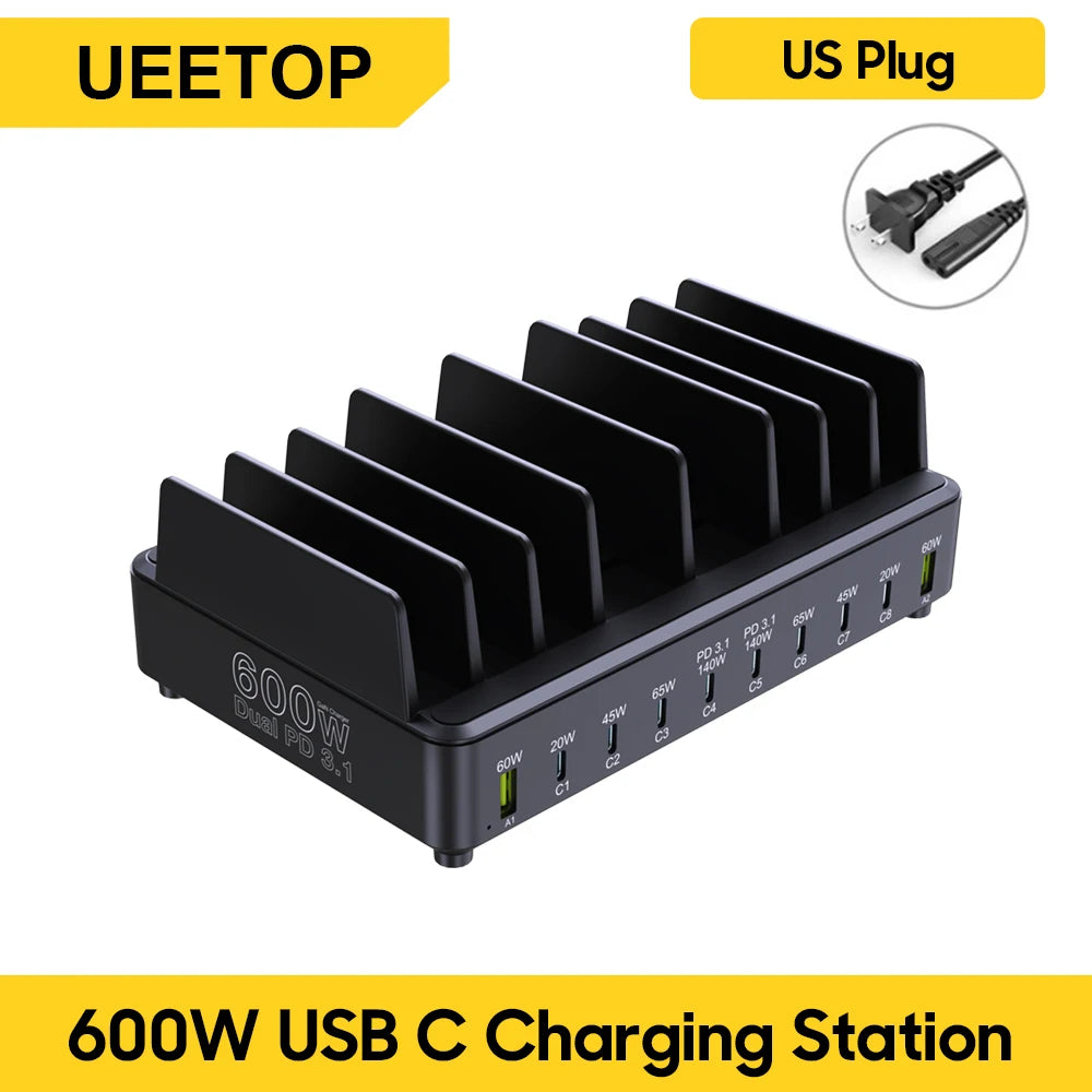 600W 10-Port GaN Fast Charging Station PD 3.1 USB-C Desktop Charger
