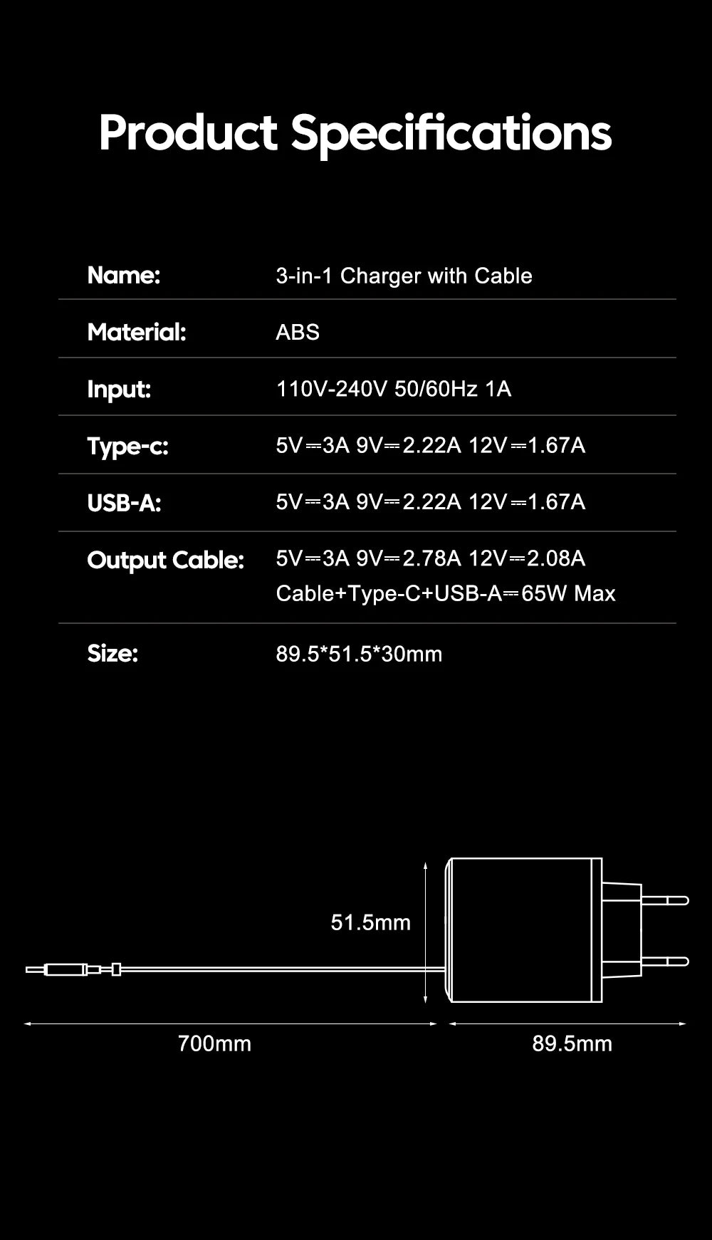 Wandladegerät mit ausziehbarem USB-C-Kabel