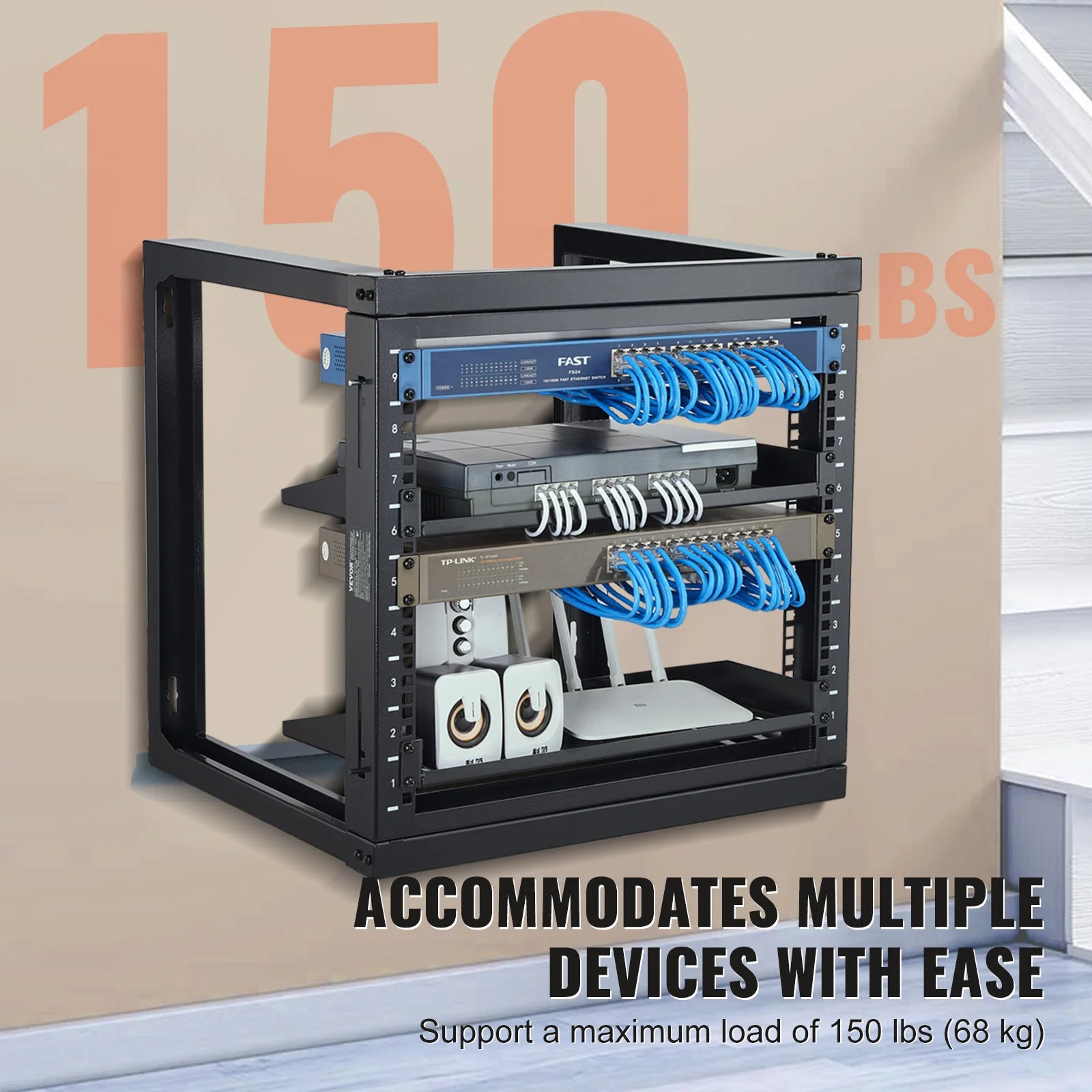 9U Wall Mount Server Rack 19 Inch Open Frame 150 lb Capacity