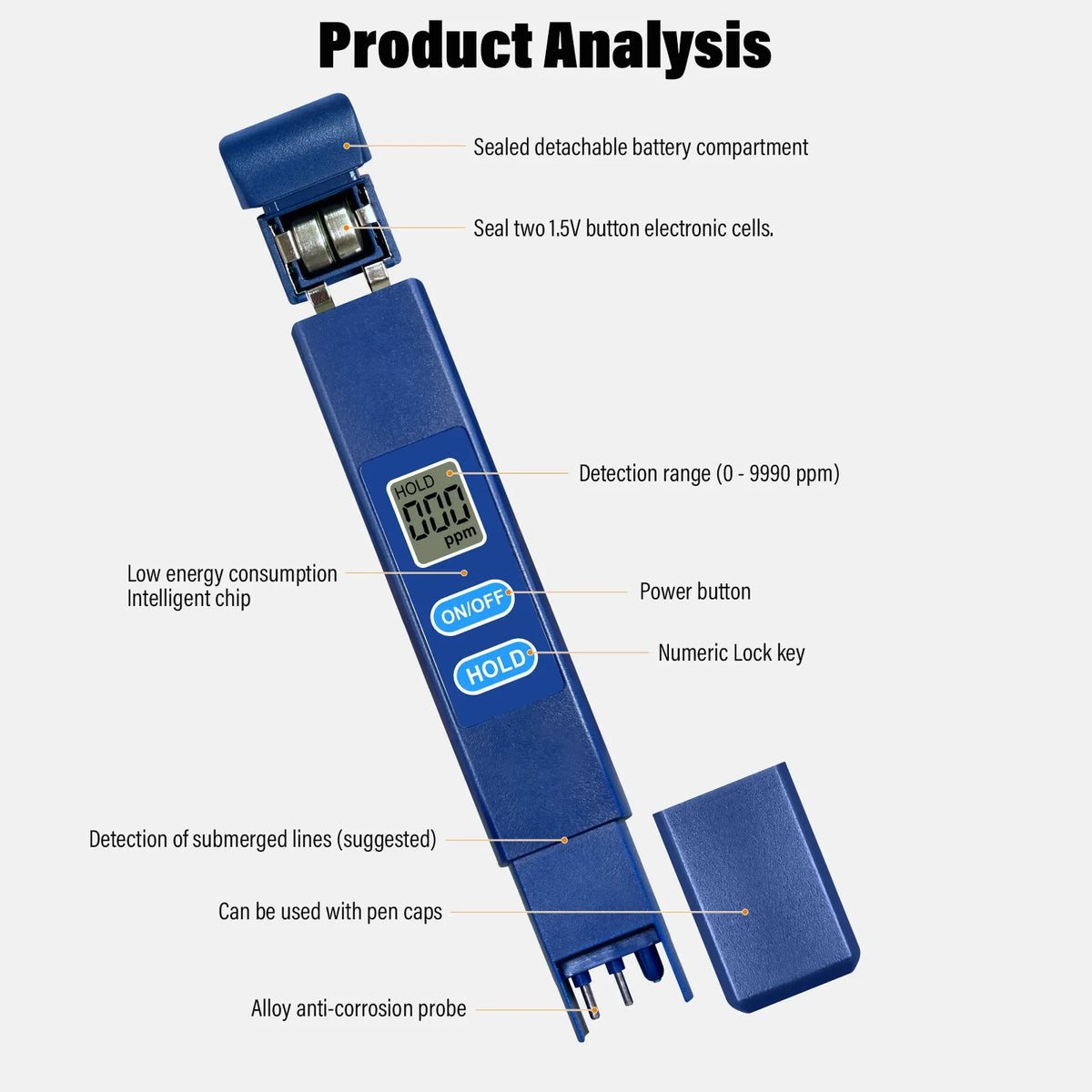 Digitálny tester TDS vody v tvare pera, 0-9990 ppm