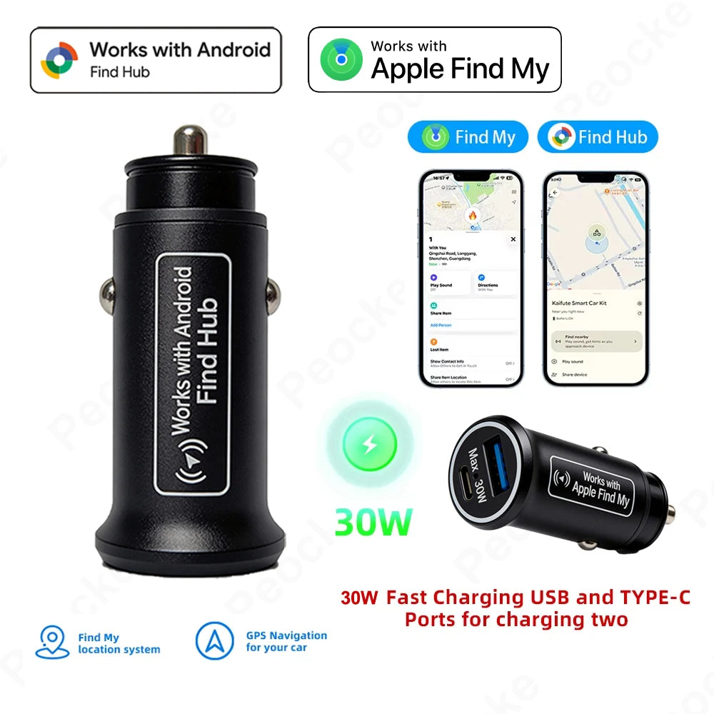 Univerzální mini GPS lokátor, sledování auta, nabíječka do cigaretového zátku, USB Type-C adaptér, skrytá, pro IOS Apple nebo Google Find My APP