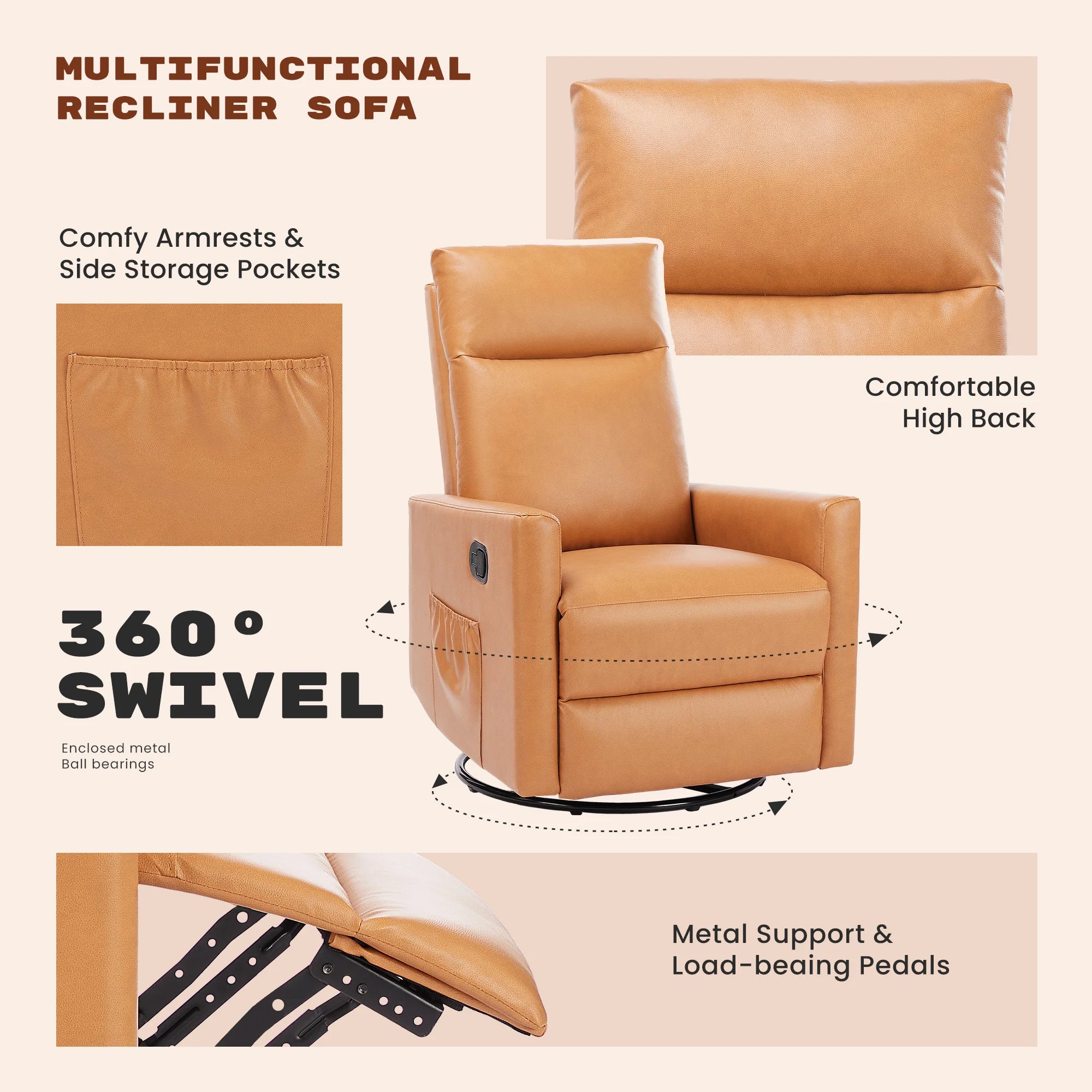 Swivel Rocker Recliner Chair with Large Footrest and Deep Seat