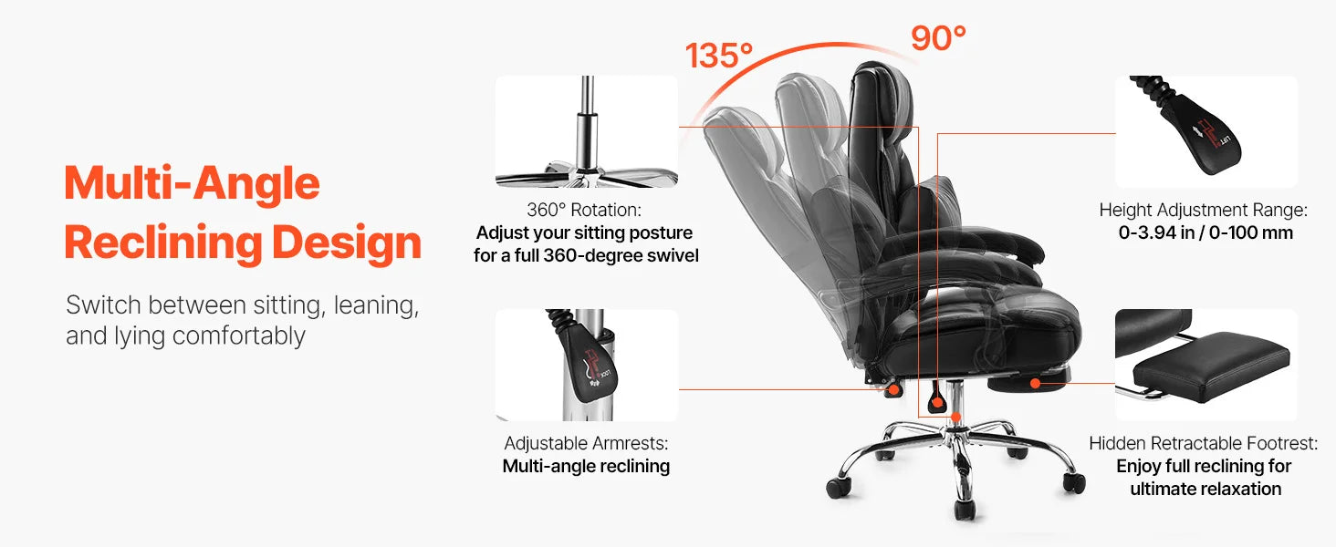 Ergonomisk kontorstol med vippefunktion, fodstøtte og 300 lb bæreevne