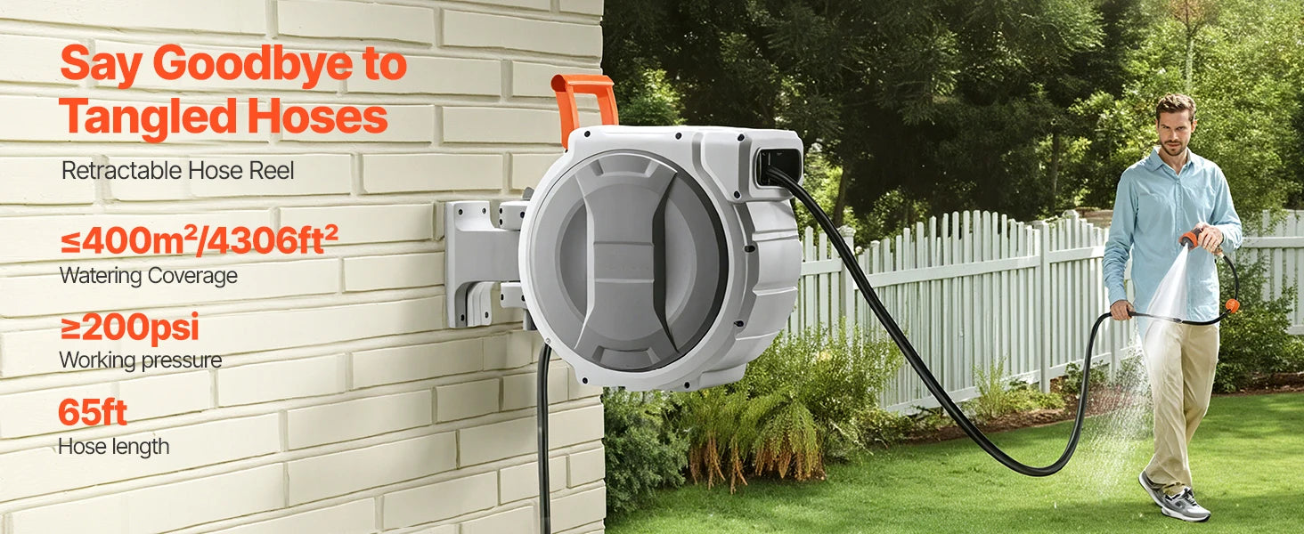 SucceBuy Retractable Garden Hose Reel - nástěnný navíjecí naviják na hadici do zahrady, těžký, s 9-pattern tryskem, otočný 180°, držák se otáčí.