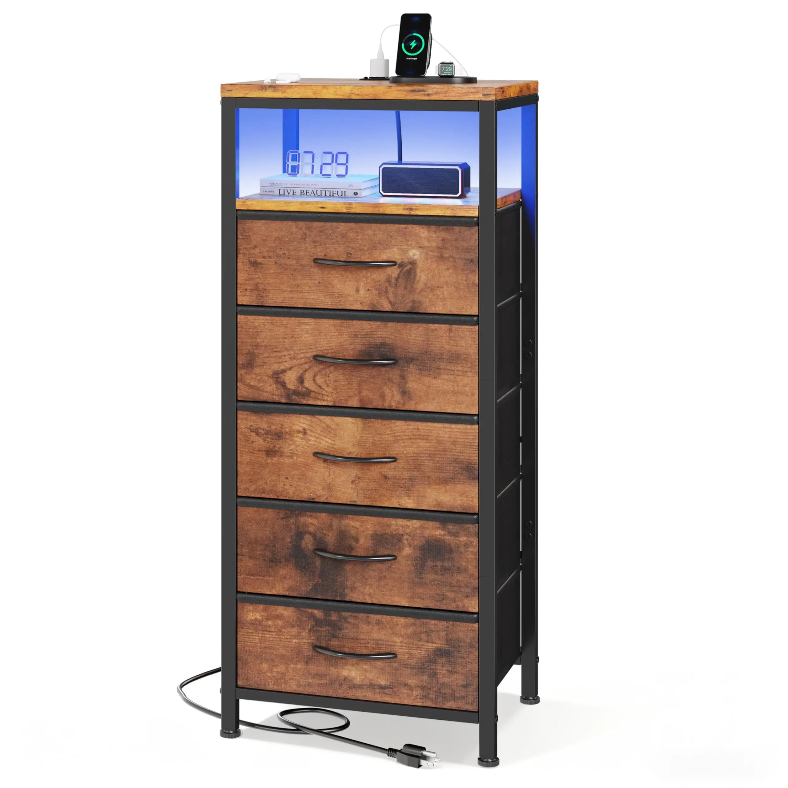 5-Drawer Nightstand with Charging Station, LED Lights & Storage