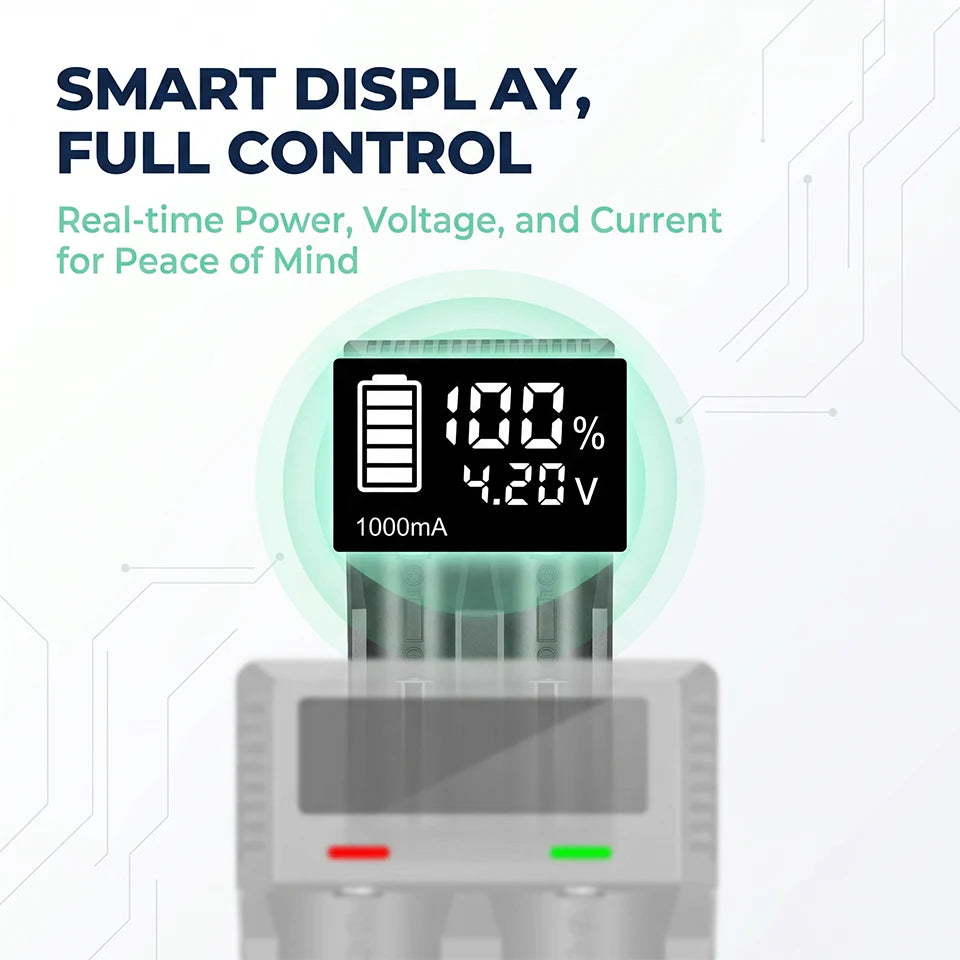 شاحن بطاريات ذكي متعدد الوظائف CH2، بشاشة LCD مزدوجة الفتحات، يدعم بطاريات Li-ion بجهد 1.5V و3.7V و3.8V وLiFePO4 وNi-MH، وبطاريات AA وAAA و18650