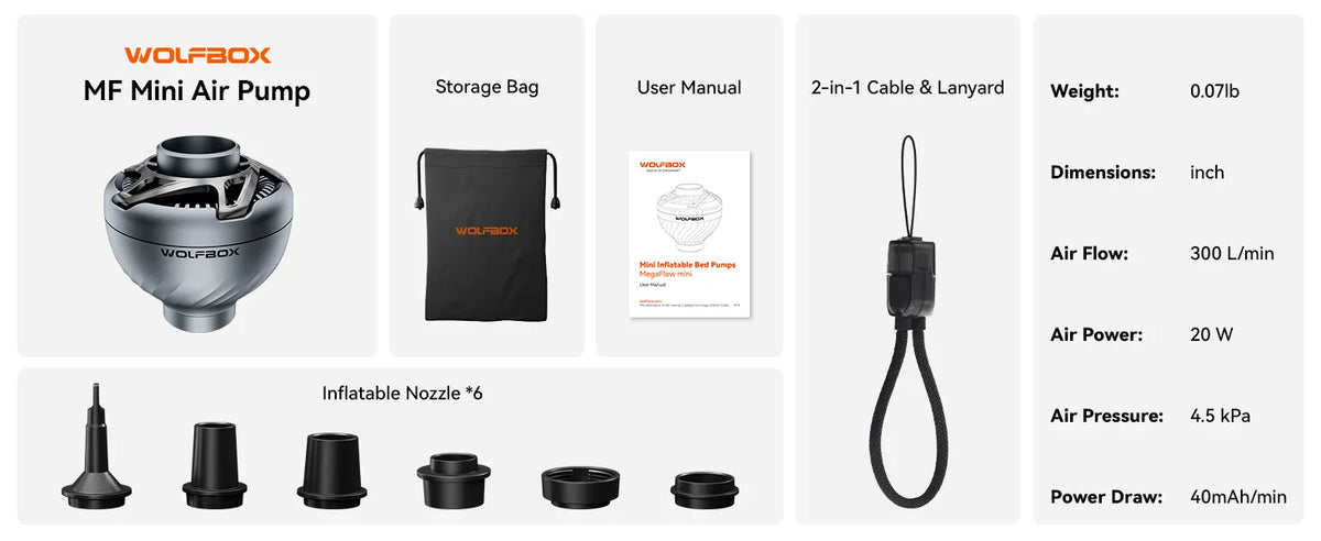 WOLFBOX MFMINI luftpump trådlös kompressor camping uppblåsbar deflate säng mattor flytande livboj bärbar utomhus inflator pump