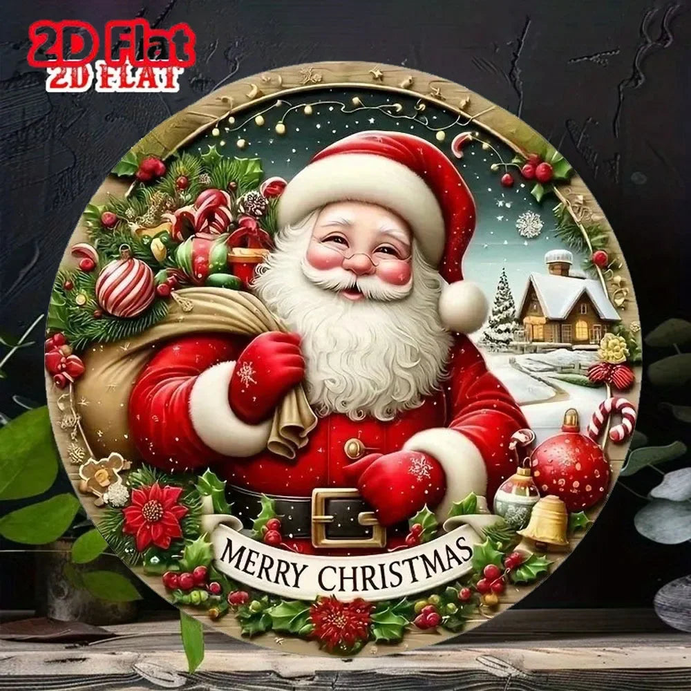 Merry Christmas Winter Snowman Metal Sign - Round Hanging Decoration for Front Door and Home Wall