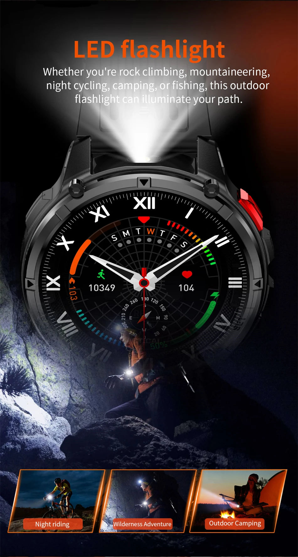 Ασύρματο εξωτερικό smartwatch με κλήσεις Bluetooth με πυξίδα & φακό