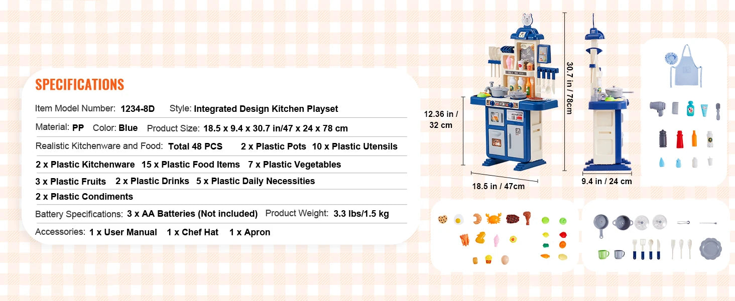 Kids Kitchen Playset 48PCS Pretend Cooking Toy with Lights & Water Sink