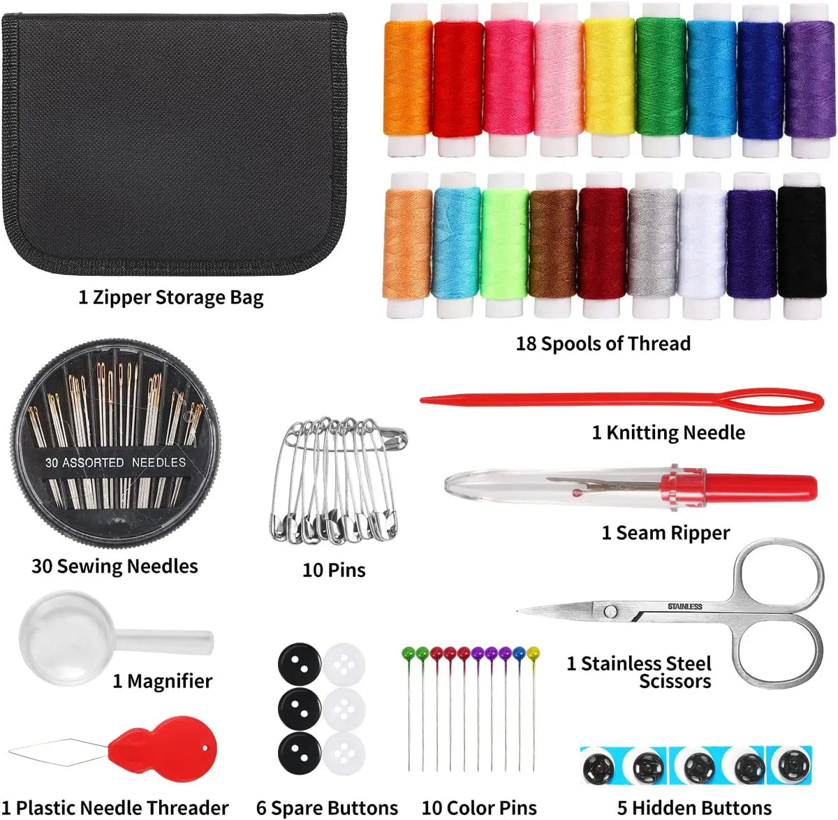 Kit de costura compacto y portátil para principiantes y profesionales, incluye agujas, hilo, tijeras y otros accesorios esenciales