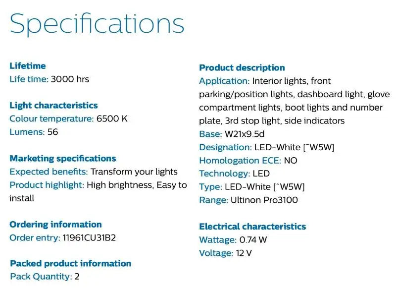 Philips Ultinon Pro3100 LED T10 W5W 6500K Cool White New Style Car Interior/parking Light Turn Signals Lamps 11961CU31B2, Pair
