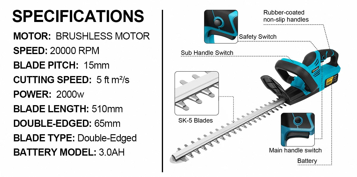 Gisam Brushless Electric Hedge Trimmer 20000RPM Cordless 510mm
