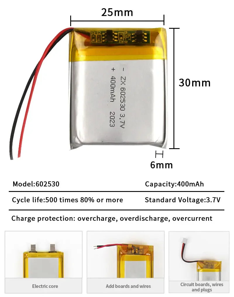 602530 3.7 V 400 mAh oppladbart LiPo-batteri