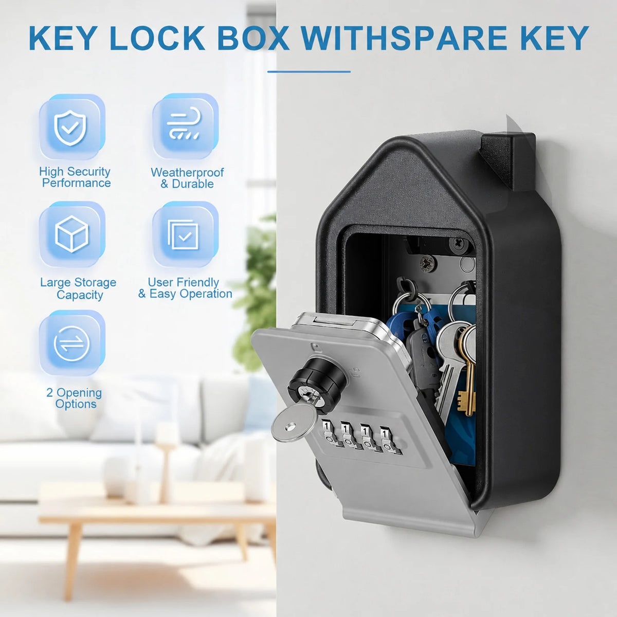 Key Safe Outdoor Large Wall Mounted Key Box 4 Digits with an Emergency Key Aluminium Alloy Key Safe Outdoor Key Hiding Place for Outdoor Key Safe for Home Garage School