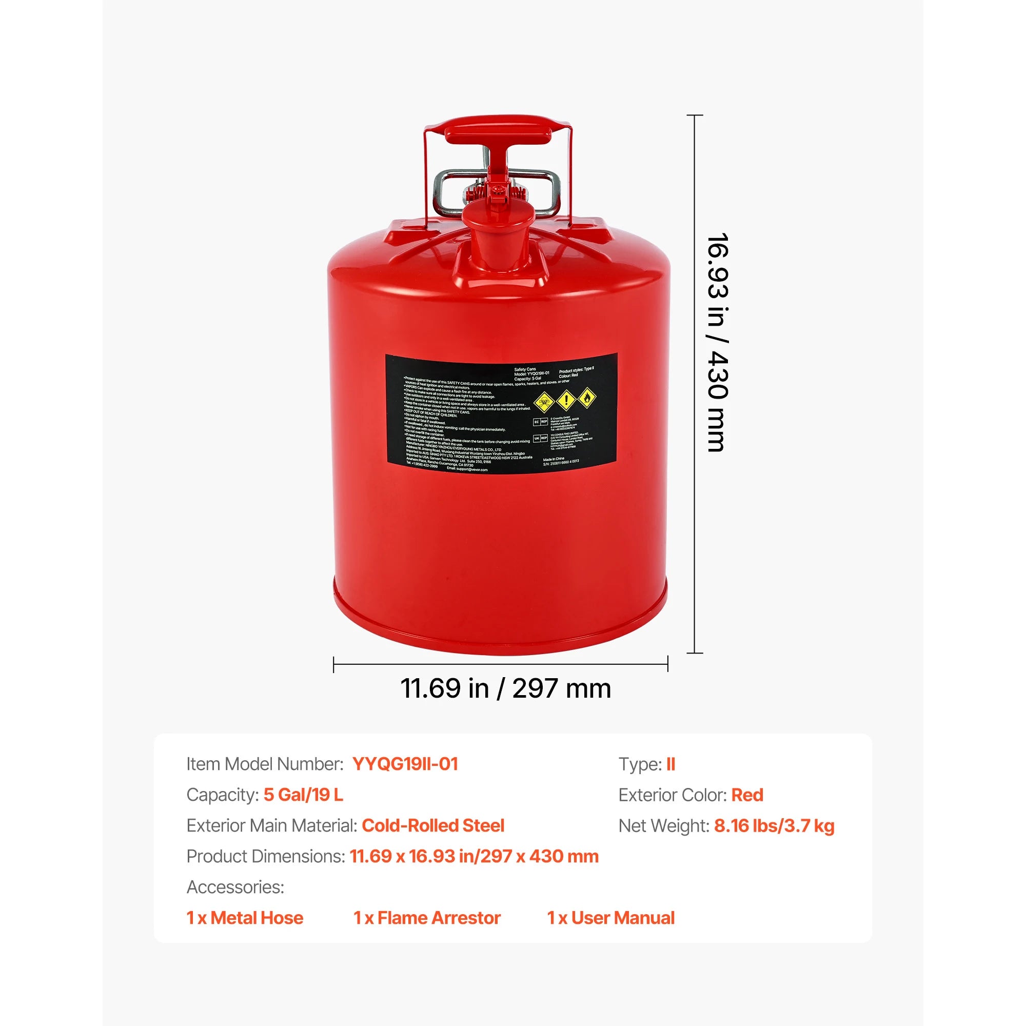 2,5/5 Gallon Säkerhetsbensindunk med Självstängande Lock och Metallpip