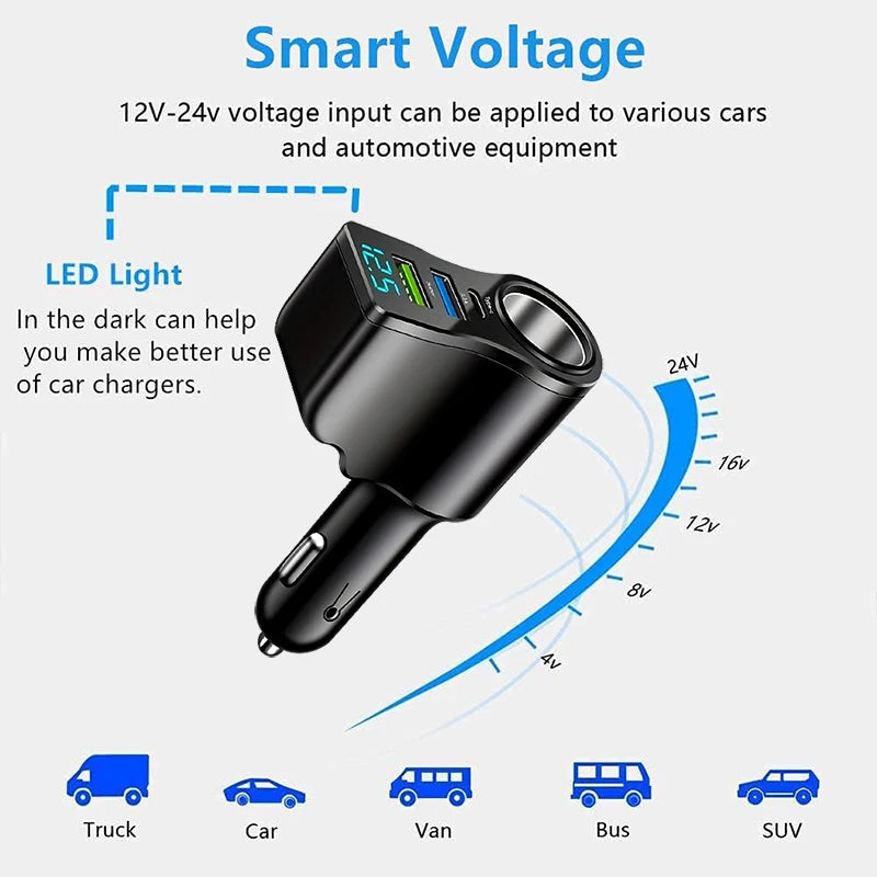 New digital display car fast charging dual USB car charger car one to three cigarette lighter 66W car multifunctional charger - Spy-shop.com