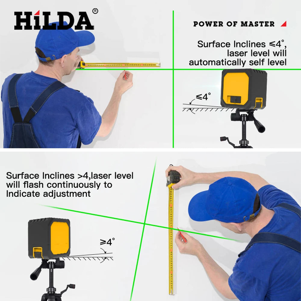HILDA 2 Lines Mini Laser Level Self Levelling Green Beams Laser Horizontal & Vertical Cross-Line USB Charging