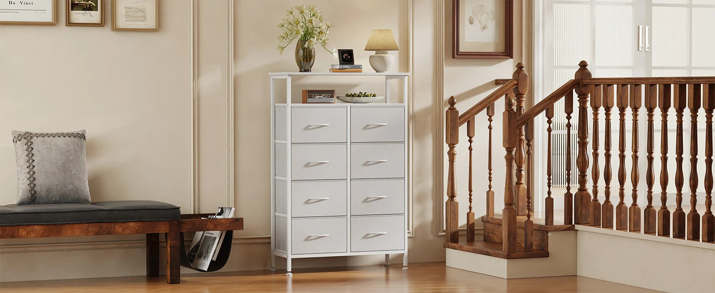 8 Drawer TV Stand with Wooden Top and Storage Cabinet