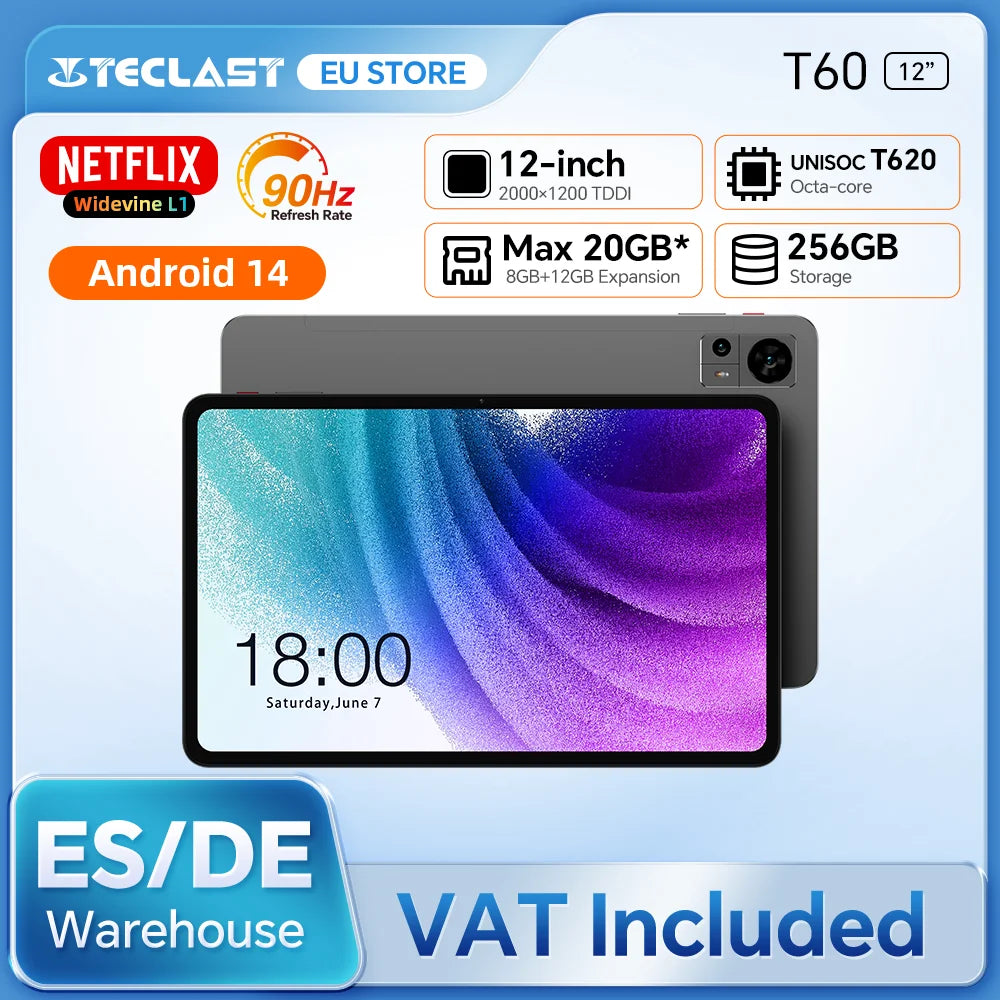 Teclast T60 Tablet 12" Display 2K Android 14 T620 8-core Max 20GB RAM 256GB ROM 4G LTE tipo C 8000mAh Ricarica Veloce Widevine L1