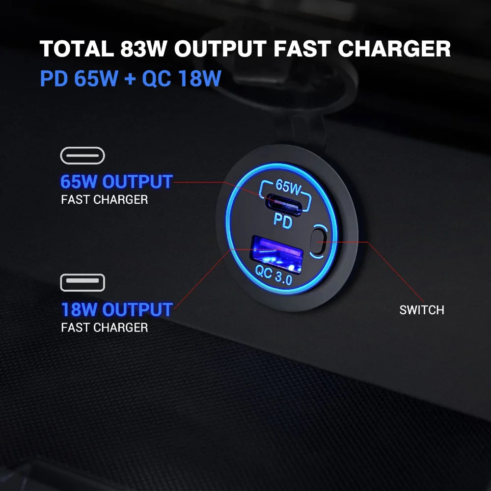 83W 12V USB Outlet Laptop Charger 65W USB-C PD3.0 & 18W QC3.0 Multi Car USB Port Socket Waterproof with Power Switch For RV Car