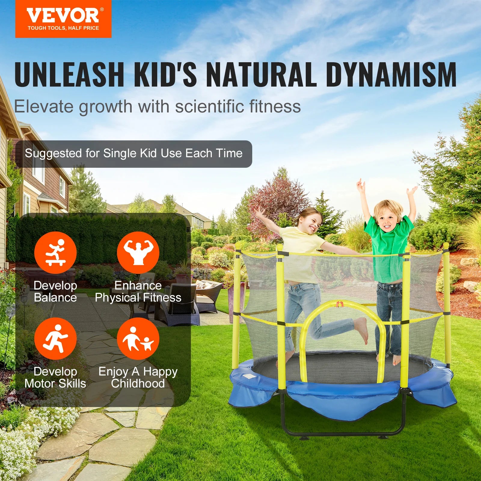 Trampolino per bambini 5FT con rete di sicurezza, cerchio e palline per interno ed esterno