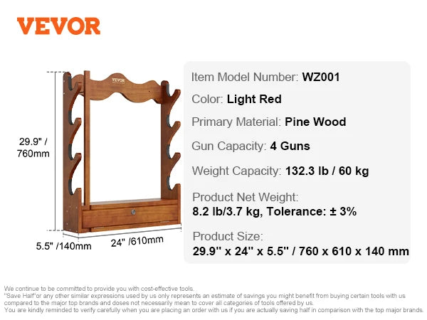 Wall Mounted Wooden Gun Rack with 5 Slots & 132 lb Capacity