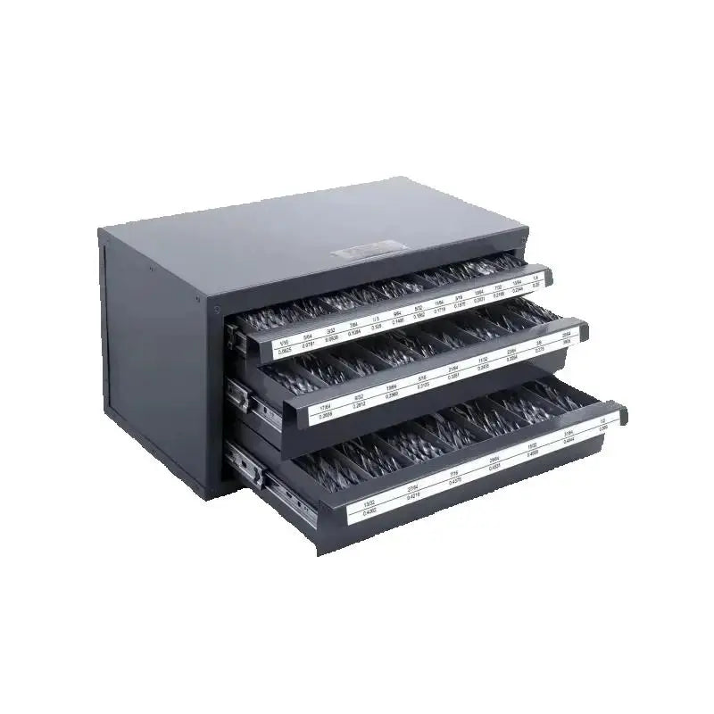Steel Drill Bit Organizer Cabinet with Drawers and Labeled Compartments