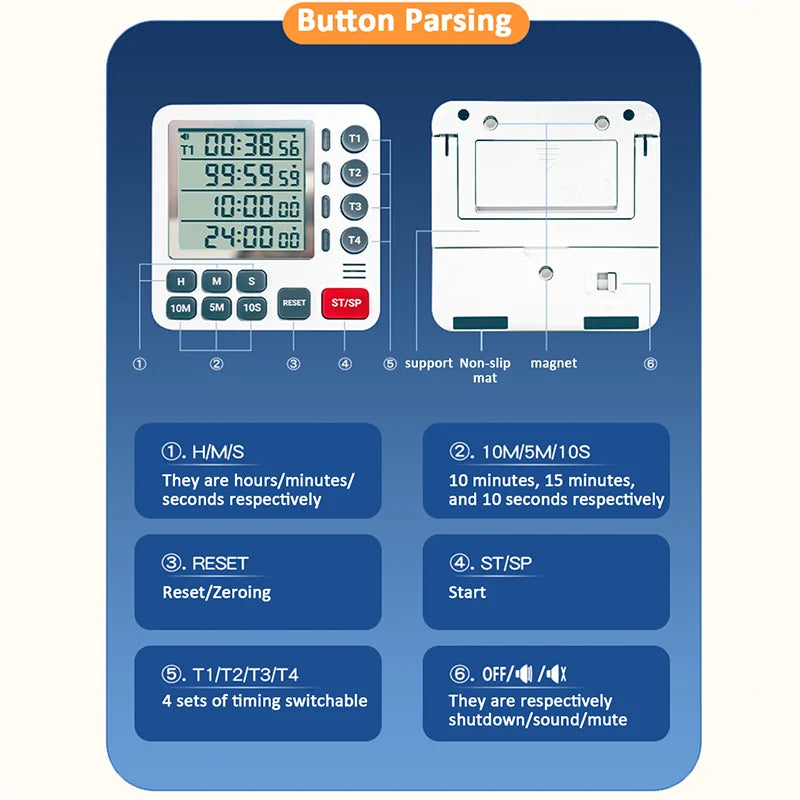 4-Channel Digital Kitchen Timer with Mute Light Alert