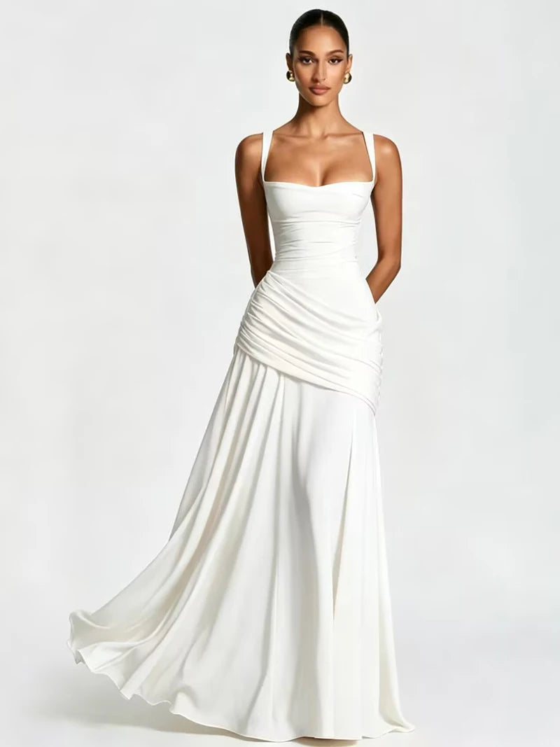 Women’s Elegant Ruched Backless Maxi Dress with Square Neck