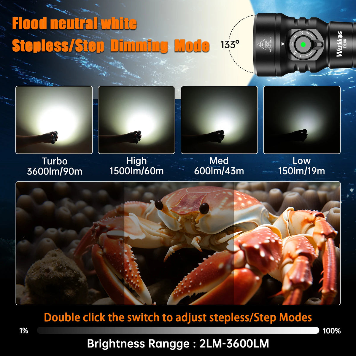 DL08 Rechargeable Dive Light with Red and UV Modes