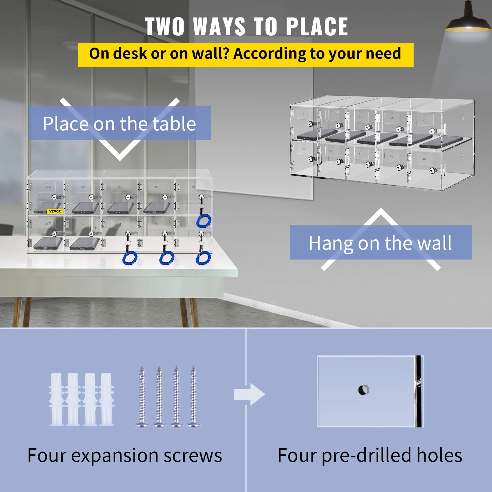Lockable Cell Phone Storage Locker with 10/20 Slots Acrylic Cabinet