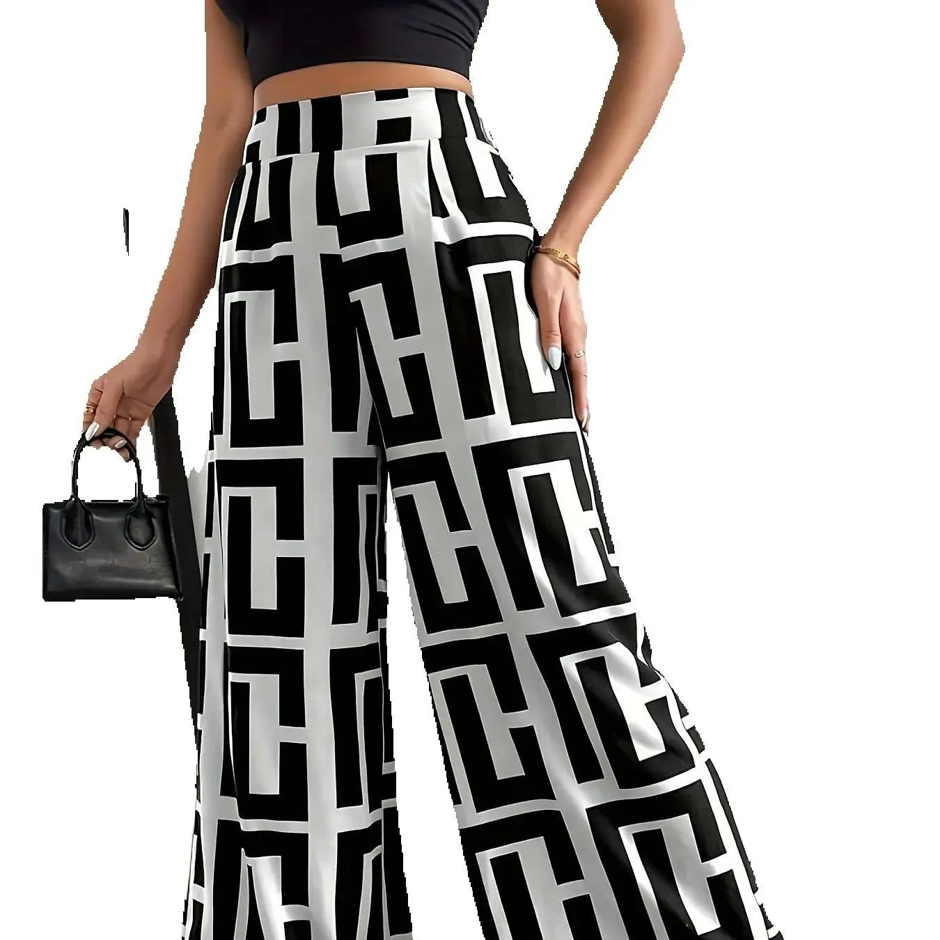 Bohemian Wide Leg Pants with Elastic Waist and Checkered Print