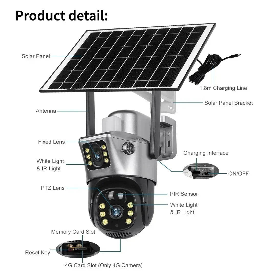 4K 8MP Dual Lens Solar Security Camera Outdoor WiFi 4G Waterproof Night Vision