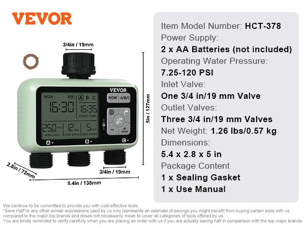 3-Zone Hose Water Timer with LCD, Rain Delay & Manual Mode