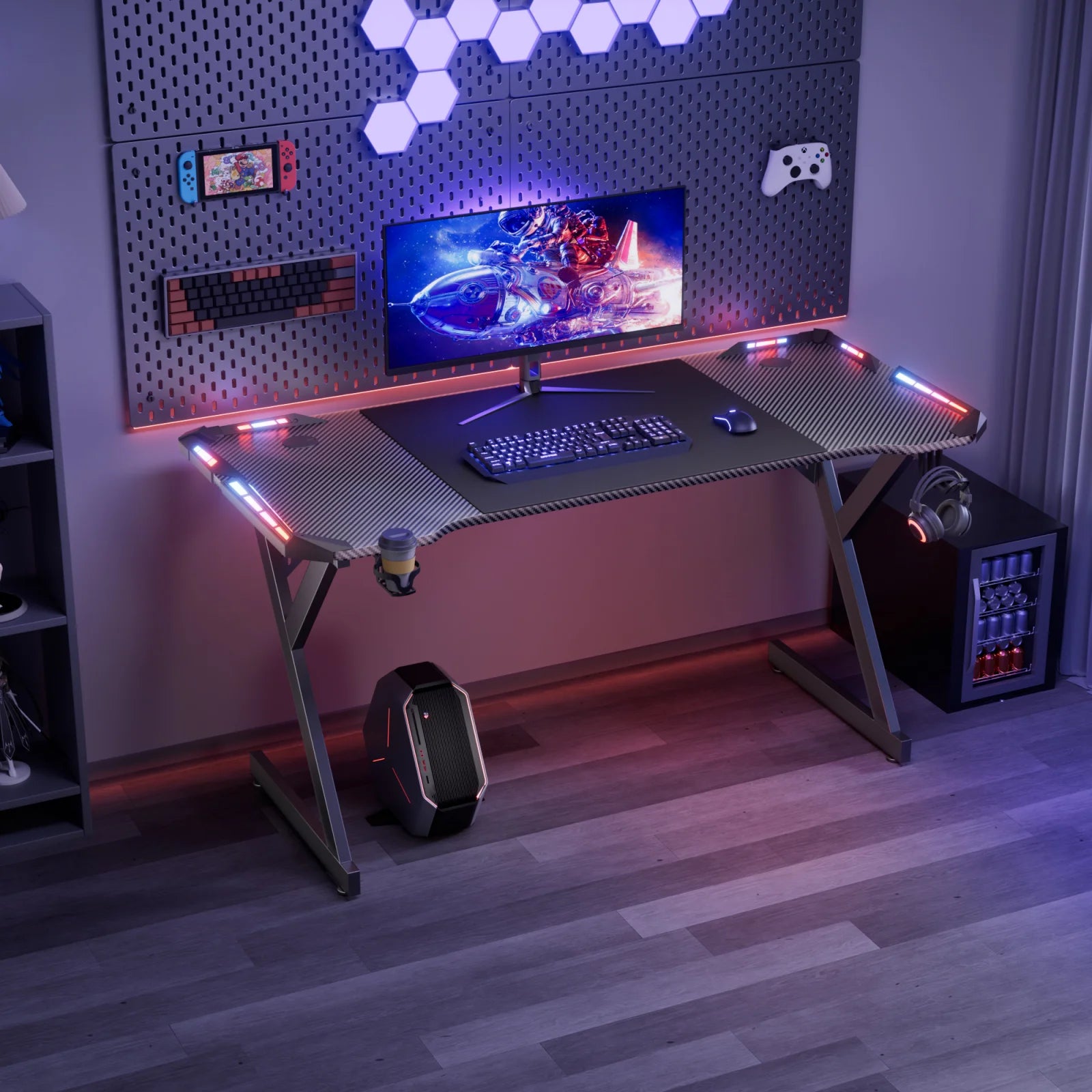Y-Shaped RGB Gaming Desk with Cup Holder and Headphone Hook