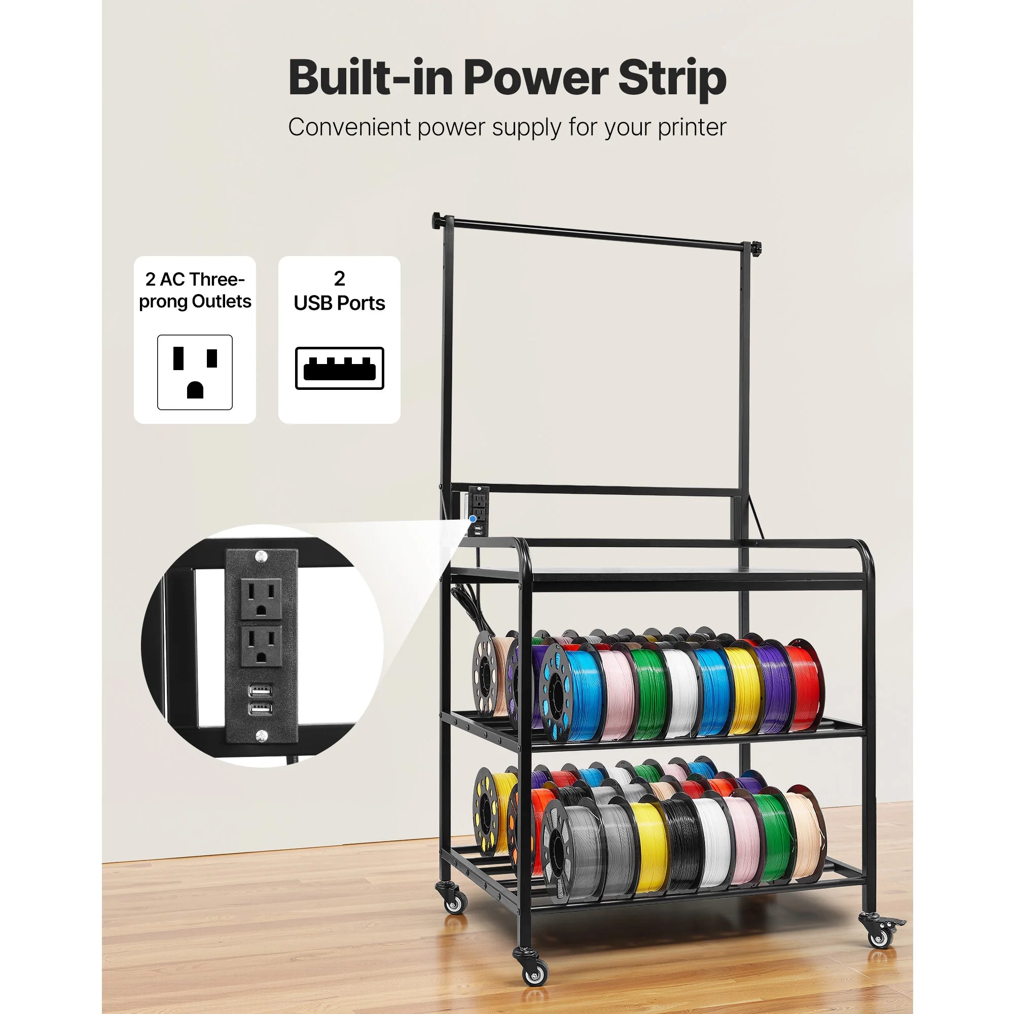 3-Tier 3D Printer Filament Storage Rack with Wheels & Power