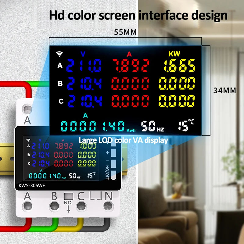 WiFi Güç Enerji Ölçer AC Monitör 3 Faz Koruma ile