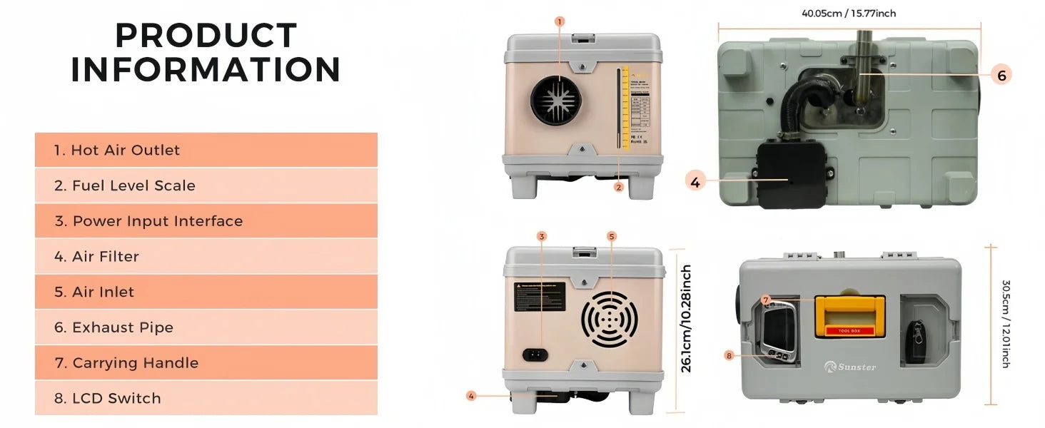 8KW Diesel Air Heater with Bluetooth App, Remote Control and 6L Tank