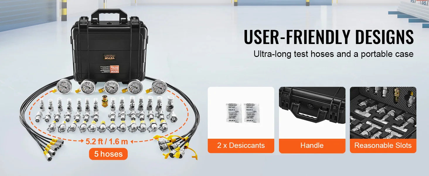 Sada pro testování hydraulického tlaku s 5 manometry a kompletní sadou adaptérů