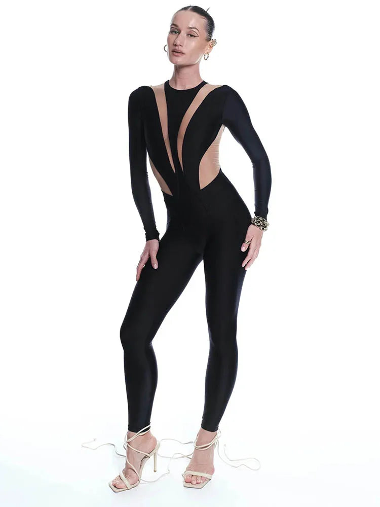 Women's Long-Sleeve Mesh-Panel Jumpsuit