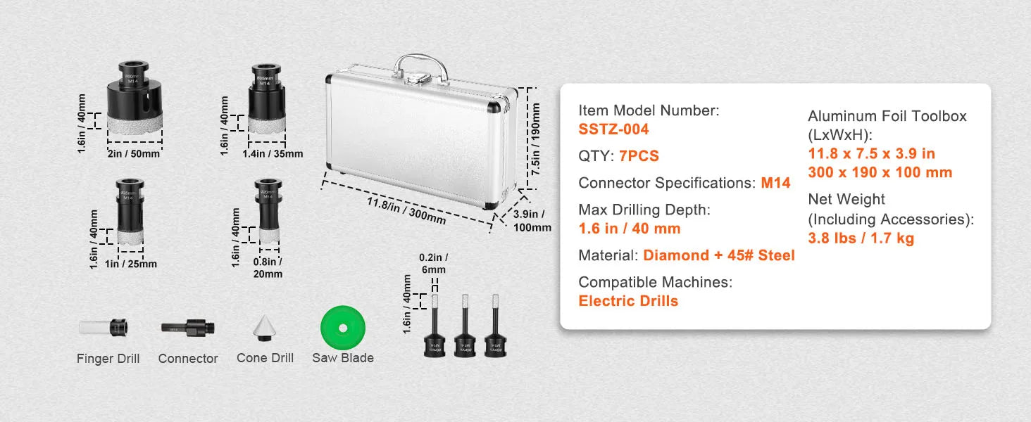 Diamond Core Drill Bit Set for Tile, Granite & Stone (6–11 PCS)
