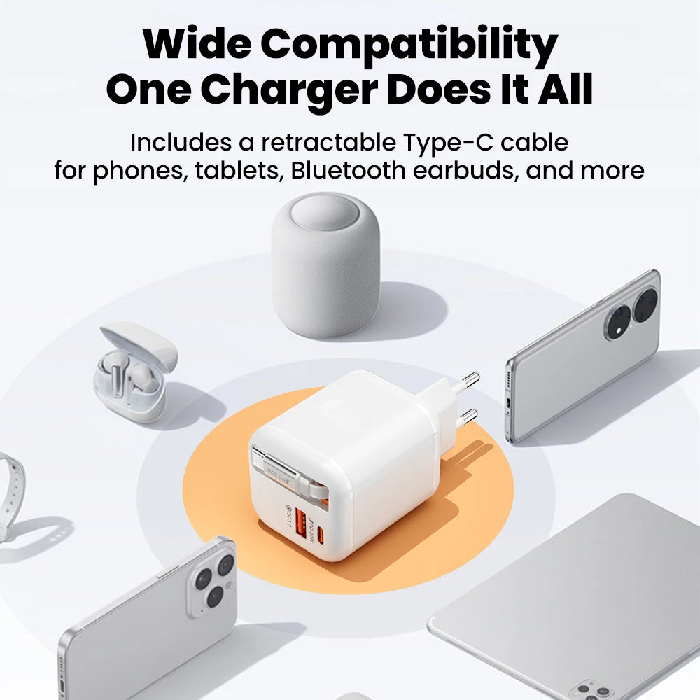 USB Wall Charger with Retractable USB-C Cable