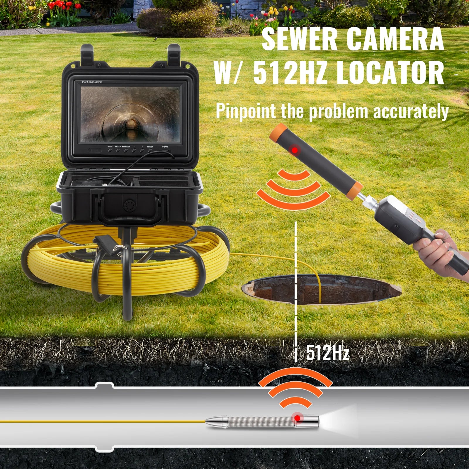 Sewer Camera with 512Hz Locator and 9" Inspection Display
